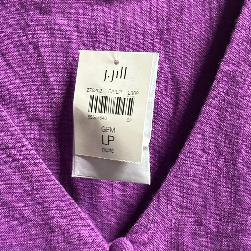 NEW‎ J.Jill Linen Blend Balloon Sleeve Button Front Purple Midi Dress Women’s LP - Picture 8 of 11